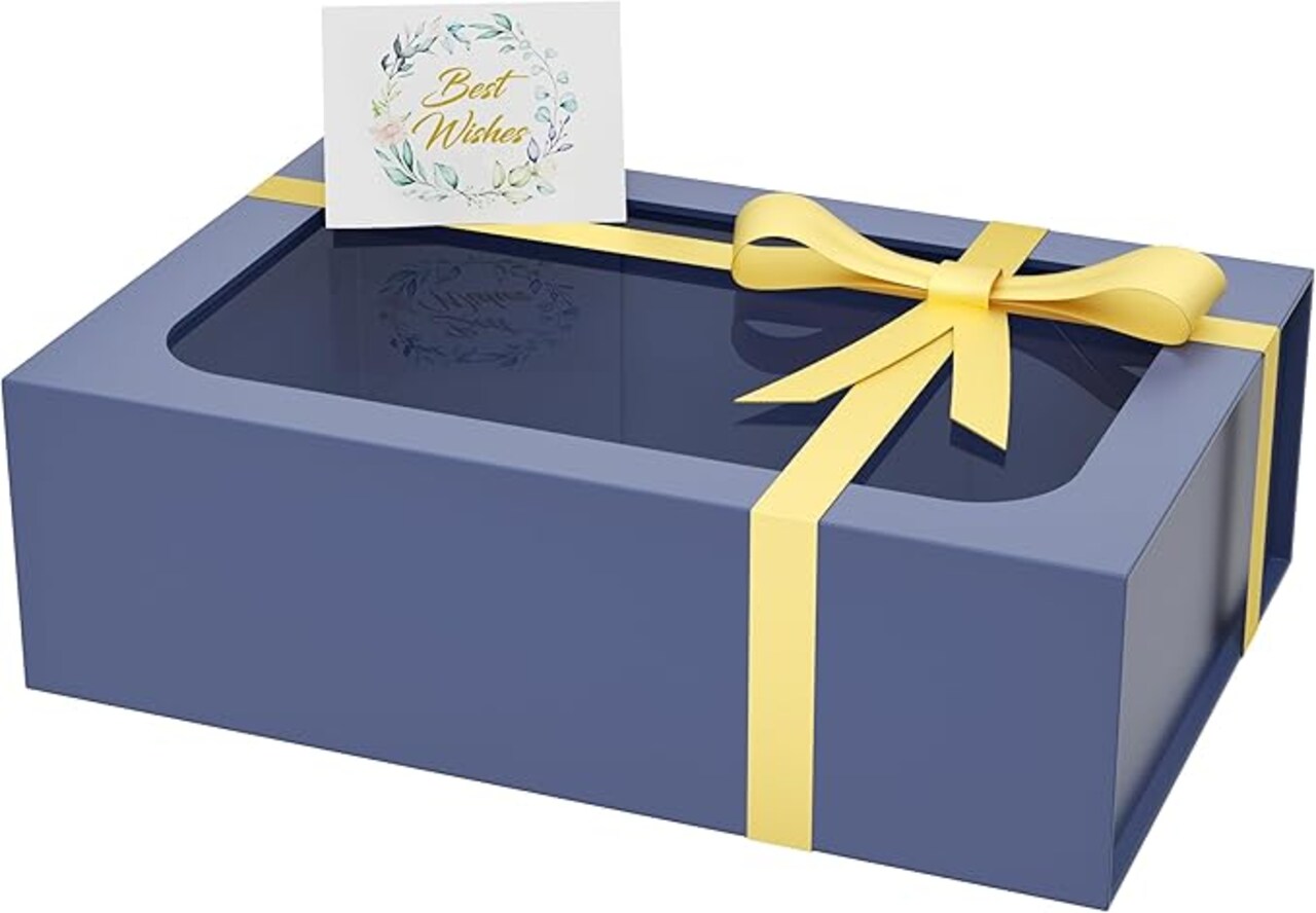 13.8" Large Blue Gift Box with Window and Magnetic Lid – Luxury Collapsible Bridesmaid Proposal Box – Decorative Apparel & Wine Gift Box for Weddings, Birthdays, and Christmas (Includes Ribbon & Card)